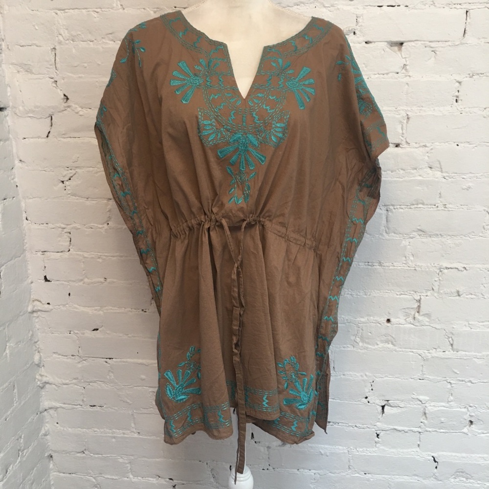 Tasha Polizzi embroidered peasant top brown blue size m drawstring
